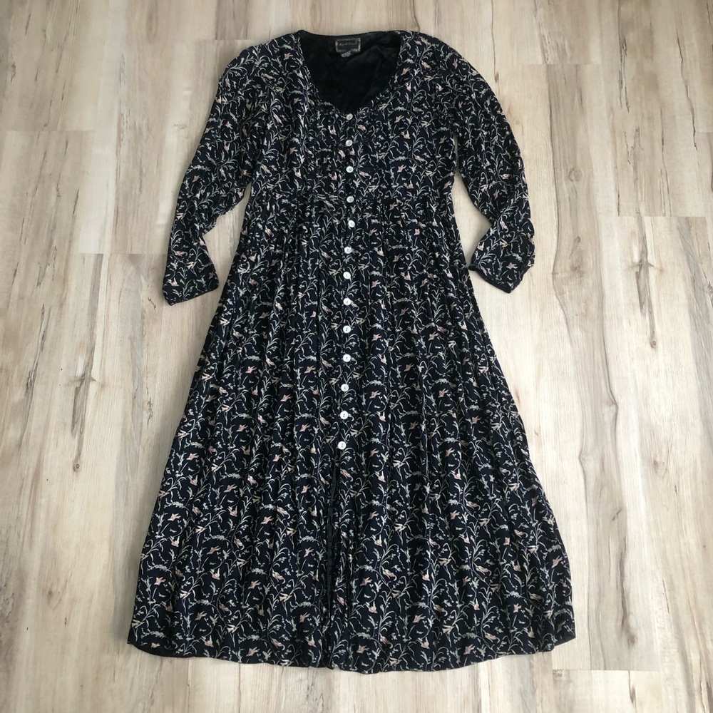 April Cornell Black Floral Long Sleeve Button-Front Dress